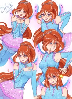 an anime character with long red hair and blue dress, posing for the camera while holding her