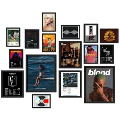 a collage of various album covers and artwork on a wall with the words blind written below them