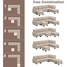 the sectional couch is shown with four different sizes and colors, along with instructions for how to use it