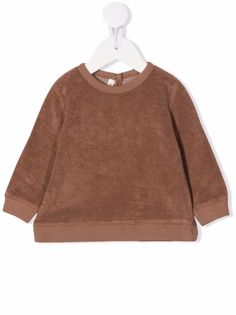 Terracotta brown cotton blend terry cloth crew-neck sweatshirt from Zhoe & Tobiah featuring terry-cloth effect, ribbed-knit edge, crew neck, rear button fastening, long sleeves and straight hem. | Zhoe & Tobiah Terry Cloth Crew-Neck Sweatshirt Knit Edge, Sweater Set, Ballet Flat Shoes, Skirted Swimwear, Kids Sweatshirt, Swimwear Tops, Jeans Dress