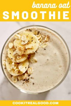 banana oat smoothie in a glass topped with nuts