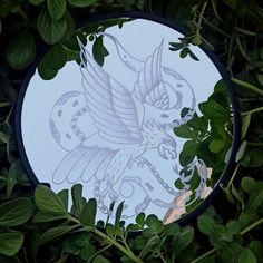 a white plate with a bird on it sitting in the grass next to some green leaves