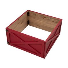 a red wooden box that is open to show the bottom and side panel, with an opening at the top