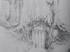 a pencil drawing of a forest scene with trees and an entrance to a cave in the woods