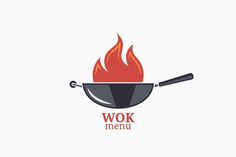 the wok menu logo is designed to look like a frying pan on fire