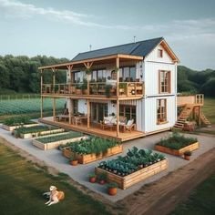 a large house sitting on top of a lush green field next to a dog laying in front of it