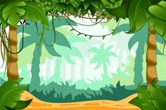 a jungle scene with lots of trees and plants