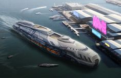 an artist's rendering of a futuristic passenger train in the water next to a dock