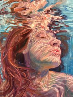 a painting of a woman swimming in the water with her eyes closed and hair blowing back