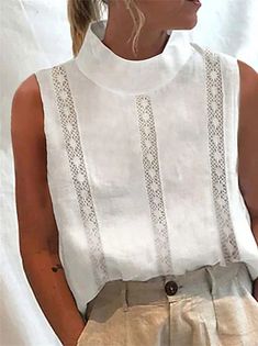 Women's Shirt Blouse Turtleneck shirt White Grey Plain Short Sleeve Casual Basic Standing Collar Regular S 2023 - € 19.99 White Plains, Summer Blouses, White Sleeveless, Lace Panelled, Lace Design, White Tank Top, Contemporary Fashion, Women Lace, Casual Shirt