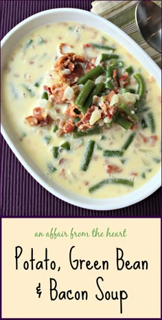 potato, green bean and bacon soup in a white bowl on a purple place mat