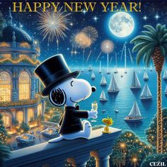 a happy new year card with a cartoon dog wearing a top hat and holding a drink