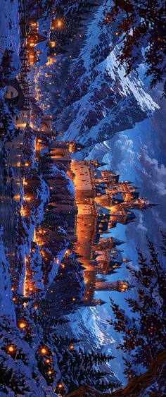 a painting of a castle in the snow at night with lights on it's windows