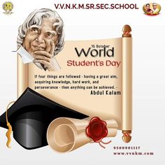 an old man is sitting in front of a scroll with the words world student's day written on it