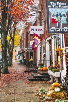 an autumn scene with fall leaves on the ground and buildings in the background that have been decorated