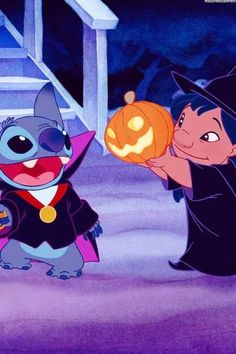 two cartoon characters dressed up as witches and bats, one holding a jack - o'- lantern