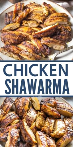 chicken shawarma on a plate with the words chicken shawarma above it