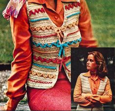 an old photo of a woman wearing a crocheted vest