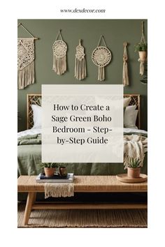 Sage green boho bedroom with macrame wall decor, rattan bed frame, and neutral bedding. Text overlay: "How to Create a Sage Green Boho Bedroom - Step-by-Step Guide". Sage Boho Bedroom, Green Bedspread Room Ideas, Green Cream Bedroom, Boho Sage Green Bedroom, Sage Green Boho Bedroom, Boho Bedroom Green, Sage Green Color Palette, Green Boho Bedroom, Kitchen Tile Inspiration