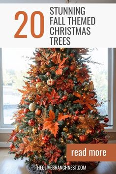 a christmas tree with orange and gold decorations on it, the text reads 20 stunning fall themed