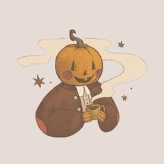 a drawing of a pumpkin holding a cup