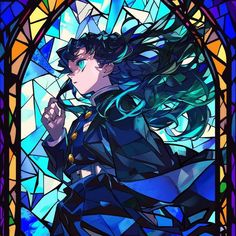 an anime character with long hair and blue eyes standing in front of a stained glass window