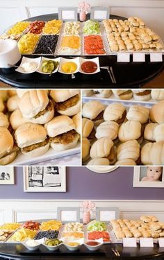 several pictures of different types of pastries and desserts on display at a buffet table