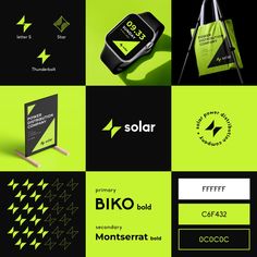 the logos for solar energy company are shown in black, green and white colors with geometric shapes