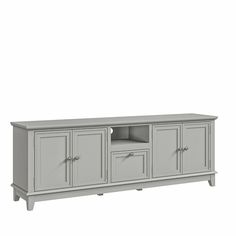 an entertainment center with two doors and three drawers on one side, in grey painted wood