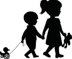 the silhouette of two children holding hands with a dog on a leash, and one child walking