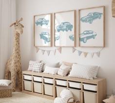 a child's room decorated in neutral colors with toys and artwork on the wall