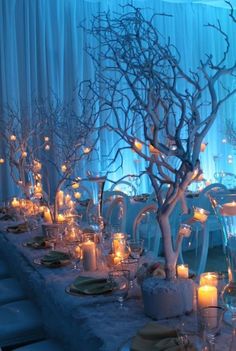 a table is set with candles and trees