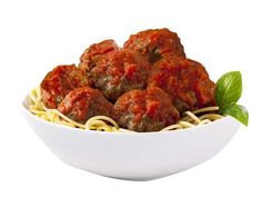 spaghetti and meatballs with tomato sauce in a white bowl