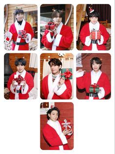 a collage of photos with people dressed as santa clause and holding presents in their hands