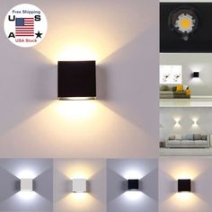 four different images of the same wall light in various angles and sizes, all with dim lighting