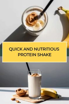 Protein shake with bananas and almonds on a light background.