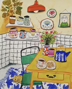 a drawing of a table with tea cups and plates on it in front of a potted plant