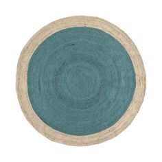 a blue and beige rug on a white background with the center circle painted in gold