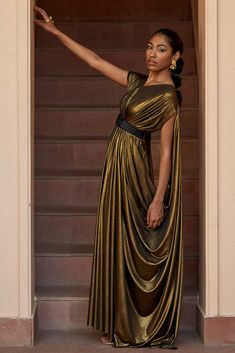 Gold Drape Gown & Detachable Hand Embroidered Belt | NOT JUST A LABEL Modern Greek Goddess Outfits, Greek Goddess Outfit, Drape Gown, Gold Drapes, Goddess Outfit, Embroidered Belt, Elastic Belt, 1920s Fashion, Draped Dress