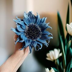 a person holding a blue flower in their hand