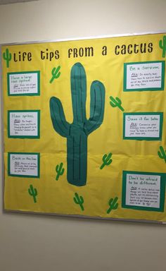 a bulletin board with an image of a cactus on it and words about life tips from a cactus