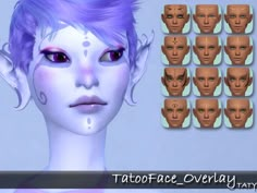 an animated image of a woman with purple hair and various facial expressions on her face