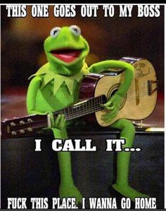 kermie the frog playing guitar with caption that reads, this one goes out to my boss i call it