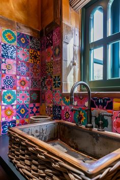 a sink in a kitchen with colorful tiles on the wall behind it and a window