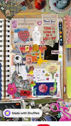 an open notebook with many different items on it and the words made with shuffles