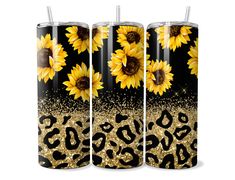 three sunflowers and leopard print on black with gold glitter