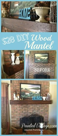 the fireplace mantel is painted blue and has some pictures above it that says diy wood mantle