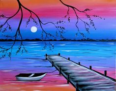 a painting of a boat at the end of a pier with a full moon in the background