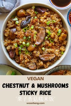 vegan chestnut and mushroom sticky rice in a bowl