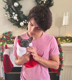 a person holding a small dog wearing a santa hat